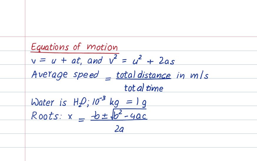 Handwritten equations with powers, fractions and a root