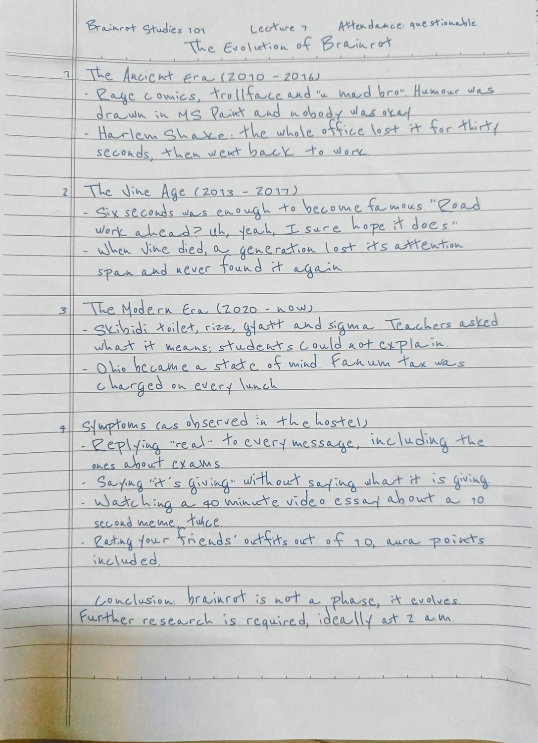 The same assignment printed in quick, messy blue handwriting, photographed on a desk